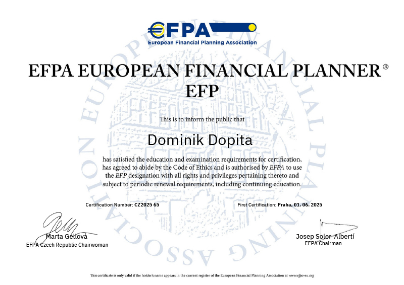 Certifikát EFP Dominika Dopity